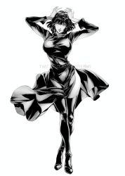 1girl arms_up artist_name black_dress black_hair black_thighhighs boots breasts commentary dress english_commentary fubuki_(one-punch_man) full_body green_eyes greyscale highres jewelry large_breasts long_sleeves looking_at_viewer monochrome necklace one-punch_man pearl_necklace short_hair simple_background smile solo spykeee standing taut_clothes taut_dress thigh_boots thighhighs thighs twitter_username watermark web_address white_background