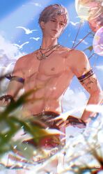 Rule 34 | 1boy, abs, adam&#039;s apple, arm tattoo, bad source, balloon, bare shoulders, biceps, bird, black gloves, body markings, closed mouth, cloud, cloudy sky, collarbone, cowboy shot, fingerless gloves, gloves, highres, jewelry, looking to the side, love and deepspace, male focus, navel, necklace, nipples, nose, official alternate costume, parted bangs, pectorals, red eyes, short hair, sky, solo, swimsuit, sylus (love and deepspace), tattoo, toned, toned male, wet, white hair, zhao jiu