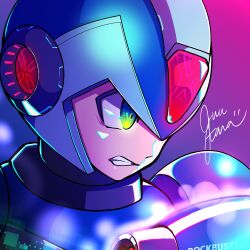 1boy android arm_cannon armor blue_armor blue_helmet clenched_teeth forehead_jewel gloves gradient_background green_eyes grin guutara helmet highres jewelry male_focus mega_man_(series) mega_man_x_(series) robot robot_ears signature smile solo solo_focus teeth weapon white_gloves x_(mega_man)