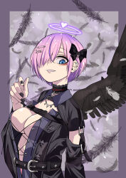 1girl absurdres belt black_nails black_wings blue_eyes bow breasts choker commentary_request cross cross_choker dark_persona ear_piercing feathered_wings gujira hair_bow hair_over_one_eye halo heart highres indie_virtual_youtuber jacket kurumizawa_ririka large_breasts looking_at_viewer piercing pink_hair revealing_clothes single_wing smile solo wings