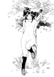 1girl apple arms_behind_back blush bow breasts closed_mouth commentary_request cosplay eve_(mythology) eve_(mythology)_(cosplay) food fruit fruit_tree full_body grass greyscale hair_bow halftone hatching_(texture) highres kneehighs loafers loli long_hair looking_at_viewer miyano_tomochika monochrome navel nipples nishizawa_rika nude outdoors rika_(series) shoes sidelocks small_breasts smile socks solo the_bible tree two_side_up white_background