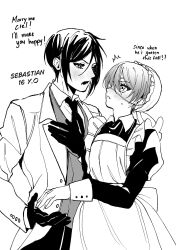 Rule 34 | 2boys, aged down, aged up, alternate universe, blush, ciel phantomhive, english text, eyelashes, eyepatch, gloves, highres, kurosh00kie, kuroshitsuji, long sleeves, male focus, monochrome, multiple boys, role reversal, sebastian michaelis, short hair, simple background, yaoi