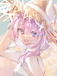 1girl blue_eyes breasts cyrene_(honkai:_star_rail) dress hand_on_headwear hashtag-only_commentary hat highres honkai:_star_rail honkai_(series) looking_at_viewer mtrk_09 open_mouth pink_hair pink_pupils short_hair small_breasts smile solo straw_hat teeth upper_body upper_teeth_only white_dress