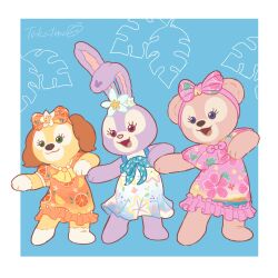 3girls animal_ears animification bear_girl bow cookieann cosplay dog_ears dog_girl dress duffy_and_friends full_body highres looking_at_viewer multiple_girls no_humans purple_eyes rabbit_ears rabbit_girl shelliemay shelliemay_(cosplay) smile standing stellalou stuffed_animal stuffed_toy takatmaorange