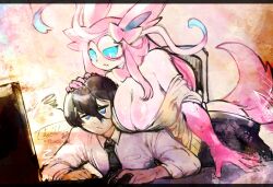 +++ 1boy 1girl :3 adversarial_noise afterimage animal_ears animal_nose annoyed artist_name black_hair black_necktie black_skirt blue_eyes blue_sclera body_fur bow bowtie breast_pocket breasts cleavage collared_shirt colored_sclera dated ear_bow furry furry_female gen_6_pokemon hair_between_eyes hair_ribbon half-closed_eye half-closed_eyes hand_on_another&#039;s_head hetero interspecies jitome large_breasts leaning_forward leaning_on_person letterboxed long_hair long_sleeves looking_at_another motion_lines necktie off_shoulder open_mouth original parted_lips personification pink_bow pink_bowtie pink_fur pink_hair pocket pokemon revision ribbon shirt short_hair sidelocks signature skirt squiggle sylveon tail tail_wagging thwillartz twitter_username two-tone_fur white_eyes white_fur white_ribbon white_shirt yellow_shirt