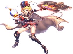 1girl armor artist_request bad_source blonde_hair breasts cape full_body game_cg hat highres holding holding_weapon huge_weapon knee_armor leve_(unitia) metal_gloves official_art open_mouth red_eyes red_skirt short_hair shorts shoulder_armor skirt solo thighs third-party_source transparent_background unitia weapon white_shorts