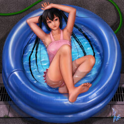 arm_behind_head armpits ass barefoot black_hair brown_eyes commentary_request ebi_(eeotoko) feet hair_between_eyes head_rest highres k-on! leg_up long_hair looking_at_viewer looking_up nakano_azusa one-piece_swimsuit outdoors parted_lips partially_submerged pink_one-piece_swimsuit signature solo straight_hair swimsuit thighs translucent twintails very_long_hair wading_pool