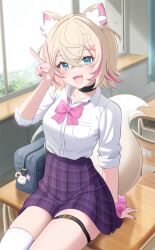 1girl alternate_costume animal_ear_fluff animal_ears bag blonde_hair blue_eyes blush breasts classroom cowboy_shot dog_ears dog_girl dog_tail fang high-waist_skirt highres hololive hololive_english indoors medium_breasts mococo_abyssgard multicolored_hair omio on_table open_mouth pink_hair plaid_clothes plaid_skirt pleated_skirt purple_skirt school_uniform shirt short_hair single_thighhigh sitting skin_fang skindentation skirt solo streaked_hair table tail thigh_strap thighhighs two-tone_hair two_side_up v virtual_youtuber white_shirt white_thighhighs window