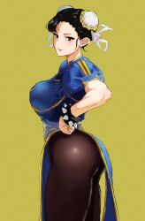 1girl ass black_hair blue_dress bracelet breasts brown_eyes bumaden bun_cover capcom china_dress chinese_clothes chun-li double_bun dress earrings from_side gold_trim hair_bun highres jewelry large_breasts pantyhose pelvic_curtain sash short_hair solo spiked_bracelet spikes street_fighter street_fighter_ii_(series) thick_thighs thighs