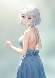 Rule 34 | 1girl, absurdres, alternate costume, bare shoulders, blue dress, blue eyes, breasts, closed mouth, date a live, dress, earrings, expressionless, hair ornament, highres, jewelry, kepico, looking at viewer, medium breasts, short hair, solo, stud earrings, tobiichi origami
