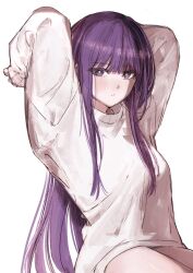 1girl alternate_costume arms_behind_head arms_up blush fern_(sousou_no_frieren) highres long_hair looking_at_viewer moku_(muooku) no_pants parted_lips purple_eyes purple_hair sidelocks solo sousou_no_frieren sweater white_sweater
