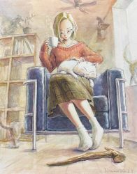 1boy 1girl android_18 animal animal_on_lap blonde_hair bookshelf cane cat chair cup dated dragon_ball dragonball_z from_below hammar_dobucof highres jewelry karin_(dragon_ball) long_sleeves mug necklace on_lap painting_(medium) plaid_clothes plaid_skirt plant signature sitting skirt sleeves_past_wrists slice_of_life socks statue steam sweater traditional_media watercolor_(medium)