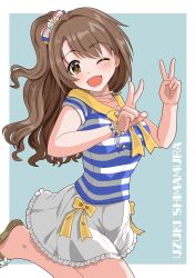 Rule 34 | 1girl, bead bracelet, beads, blue shirt, bow, bracelet, brown eyes, brown hair, character name, double v, hair bow, heart, heart necklace, highres, idolmaster, idolmaster cinderella girls, illustscody, jewelry, long hair, looking at viewer, multiple bracelets, necklace, one eye closed, one side up, open mouth, shimamura uzuki, shirt, short sleeves, skirt, smile, solo, standing, standing on one leg, striped clothes, striped shirt, v, white skirt, yellow bow