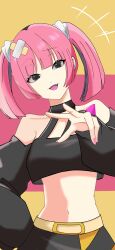 Rule 34 | +++, 1girl, :d, absurdres, bare shoulders, belt, black eyes, black shirt, collarbone, commentary request, coral (pokemon), fang, hand up, head tilt, highres, looking at viewer, nail polish, nintendo, off-shoulder shirt, off shoulder, open mouth, pink hair, pink nails, pokemon, pokemon (anime), pokemon horizons, shirt, skirt, smile, solo, stomach, takino yuu, tongue, twintails, yellow belt