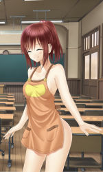 Rule 34 | 1girl, apron, asahina akari, brown hair, classroom, closed eyes, desk, female focus, hosi-gaki, naked apron, original, ponytail, school, school desk, shitou (4h), short hair, smile, solo, zenra toukou school