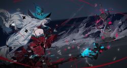 Rule 34 | 1girl, angelfish, aqua hat, arknights, ascot, back, bare shoulders, beach, black ascot, breasts, brush stroke, cowboy shot, crying, dark, detached collar, detached sleeves, dress, dutch angle, english text, facing away, fish, floating hair, gloves, glowing, hat, highres, holding, holding staff, jinfeng0430, leg ribbon, long hair, long sleeves, low-tied long hair, medium breasts, night, off-shoulder dress, off shoulder, official alternate costume, outdoors, planted, planted sword, planted weapon, red dress, red ribbon, red sleeves, ribbon, sample watermark, skadi (arknights), skadi the corrupting heart (arknights), solo, staff, streaming tears, sword, tears, tropical fish, very long hair, water, watermark, waves, weapon, white hair, wind