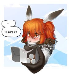 Rule 34 | 1girl, absurdres, alvis (last origin), alvis (last origin) (cosplay), animal ear hairband, animal ears, black gloves, blush, cigarette, cigarette pack, coat, cosplay, dutch girl (last origin), fake animal ears, gloves, hairband, highres, holding, holding cigarette pack, jinheulgdeongi, last origin, looking at viewer, orange eyes, orange hair, simple background, smoking, snot, solo, two side up, winter clothes, winter coat