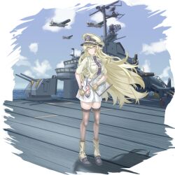 Rule 34 | 1girl, absurdres, aircraft, aircraft carrier, airplane, alternate costume, antenna mast, arknights, belt, black boots, blonde hair, bomber, boots, breast pocket, brown thighhighs, chinese commentary, closed mouth, cloud, collared shirt, commentary, commentary request, day, elf, english commentary, flight deck, full body, gloves, goggles, hair between eyes, hat, highres, holding, knee boots, long hair, looking afar, lt mue, medal, military hat, military vehicle, mixed-language commentary, mole, mole under eye, muelsyse (arknights), necktie, outdoors, peaked cap, pocket, pointy ears, purple necktie, radio antenna, ship, ship turret, shirt, short sleeves, side slit, skirt, smile, solo, standing, thighhighs, tie clip, transparent background, turning head, unworn goggles, very long hair, warship, watch, watercraft, white belt, white skirt, wind, wristwatch, yellow boots, yellow eyes, yellow gloves, yellow hat, yellow shirt, zettai ryouiki