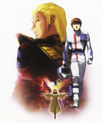 1980s_(style) 1990s_(style) 1girl 2boys amuro_ray battle energy_sword bindi bit_(gundam) black_hair blonde_hair blue_eyes boots brown_hair char&#039;s_counterattack char_aznable crossed_swords curly_hair dark_skin dress duel earth_federation_space_forces energy floating ghost gloves glowing gundam helmet highres kitazume_hiroyuki lalah_sune looking_back mecha military military_uniform mobile_suit mullet multiple_boys nu_gundam official_art oldschool outstretched_arms pilot_suit promotional_art retro_artstyle robot sazabi scan science_fiction short_hair spacesuit spirit spoilers sword traditional_media tunic unworn_headwear unworn_helmet walking_towards_viewer weapon when_you_see_it