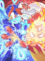 2others back-to-back beak blaziken blue_eyes claws colored_sclera creatures_(company) feathers fire game_freak gen_3_pokemon highres kicking looking_at_viewer multiple_others nintendo no_humans open_mouth pokemon pokemon_(creature) quaquaval runachikku smile talons water yellow_sclera