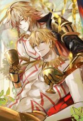 Rule 34 | 2boys, abs, arm tattoo, armlet, armor, bare pectorals, black coat, blonde hair, braid, chest tattoo, clawed gauntlets, coat, commentary request, cup, earrings, facial tattoo, fate/grand order, fate (series), gilgamesh (fate), gold earrings, gold necklace, hair between eyes, highres, holding, holding cup, honkai: star rail, honkai (series), jewelry, large pectorals, looking at viewer, medium hair, multiple boys, muscular, muscular male, mydei (honkai: star rail), navel, necklace, open clothes, open coat, orz orr, pauldrons, pectorals, red eyes, red hair, red tattoo, short hair, shoulder armor, side braid, single pauldron, smirk, tattoo, yellow eyes