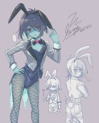 Rule 34 | ..., 1other, alternate costume, animal ears, black leotard, blazer, blue hair, blue skin, colored skin, commentary request, dated, deltarune, fake animal ears, fishnet pantyhose, fishnets, grey background, grey jacket, hand on own hip, jacket, kaimya1118, kris (dark world) (deltarune), kris (deltarune), leotard, other focus, pantyhose, playboy bunny, rabbit ears, rabbit tail, red eyes, signature, spoken ellipsis, tail