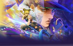 Rule 34 | 1boy, 1girl, arm tattoo, blonde hair, braid, braided ponytail, bug, butterfly, butterfly tattoo, chain, closed mouth, cone hair bun, double bun, father and daughter, green eyes, green hair, hair bun, hat, highres, insect, jojo no kimyou na bouken, kuujou jolyne, kuujou joutarou, looking at viewer, multicolored hair, official art, orange butterfly, pants, path to nowhere, projected inset, purple hair, single braid, spider web print, squatting, stand (jojo), stone free, stone ocean, string, tattoo, two-tone hair