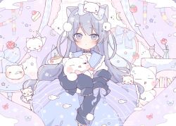 1girl animal animal_ears bedroom blue_dress blush bow cat cat_ears collar dot_nose dress floral_background food hair_ornament highres hinase01 holding holding_animal holding_cat indoors long_hair long_sleeves looking_at_viewer original pastel_colors puffy_long_sleeves puffy_sleeves purple_eyes purple_hair solo stuffed_toy