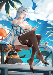 1girl absurdres ahoge ass bangboo_(zenless_zone_zero) bikini black_thighhighs blue_jacket blue_sky breasts cloud commentary_request d._joko earrings eous_(zenless_zone_zero) highres huge_breasts jacket jewelry long_hair parted_lips sitting sky swimsuit thighhighs toes tropical_drink very_long_hair white_bikini white_hair yellow_eyes yi_xuan_(zenless_zone_zero) zenless_zone_zero