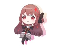 1girl black_bow black_pantyhose black_shoes blush bow braid brown_eyes brown_hair chibi chibi_only closed_mouth commentary corset diagonal-striped_background finger_to_cheek frills full_body gradient_background hair_bow halftone hanoharu long_hair long_sleeves looking_at_viewer magia_record:_mahou_shoujo_madoka_magica_gaiden magical_girl mahou_shoujo_madoka_magica outline pantyhose red_corset satomi_touka shoes sidelocks skirt smile solo soul_gem sparkle striped_background thighhighs twitter_username white_background white_outline