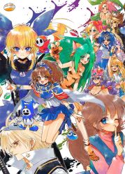 Rule 34 | 2boys, 4tr33, arle nadja, armor, asuka 120 percent, blonde hair, blue eyes, brown eyes, brown hair, cham cham, character request, cover, darkstalkers, dragon quest, felicia (darkstalkers), green eyes, green hair, gunbird, hair ornament, highres, honda asuka, jack frost (megami tensei), kanda momo, liquid metal slime (dq), magazine cover, magical drop, mario (series), marion, multiple boys, multiple girls, nintendo, one eye closed, puyopuyo, puyopuyo n, samurai spirits, shy guy, super mario bros. 2, traditional media, warrior (dq3), wonder momo, world (magical drop)