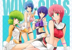 4girls absurdres blue_eyes blue_hair breasts choker closed_mouth collarbone covered_navel crop_top cropped_jacket fuzawa_kumiko gloves green_eyes grey_hair halterneck hand_up hashtag-only_commentary highres holding_lightning_bolt jacket large_breasts leaning_forward leaning_to_the_side leotard lightning_bolt_symbol looking_at_viewer medium_breasts micro_shorts midriff miniskirt morimoto_momoko multiple_girls ogawa_miku orange_shirt parted_lips pencil_skirt pink_eyes pink_hair pleated_skirt purple_hair purple_jacket purple_sports_bra red_eyes red_sports_bra see-through_clothes shirt short_hair shorts sitting skin_tight skirt sleeveless sleeveless_shirt small_breasts smile sports_bra standing tight_clothes white_choker white_gloves white_skirt wingman yoshinaga_masahiro yume_aoi