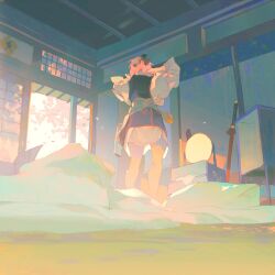 1girl arms_up black_bow black_vest blanket bow character_request cherry_blossoms chest_of_drawers copyright_request day dress facing_away falling_petals from_below futon hair_bow highres indoors katana long_sleeves petals pink_hair puffy_long_sleeves puffy_sleeves rei_(sanbonzakura) sheath sheathed short_hair shouji sliding_doors solo standing sunlight sword table tissue_box vest weapon white_dress