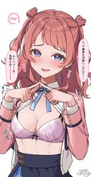 1girl absurdres black_skirt blue_eyes blush bra breasts cleavage commentary_request double_bun gakuen_idolmaster hair_bun hanami_saki highres idolmaster looking_at_viewer medium_breasts medium_hair open_clothes open_mouth open_shirt pink_bra ramchi red_hair school_uniform shirt simple_background skirt solo speech_bubble spoken_blush translation_request underwear white_background white_shirt