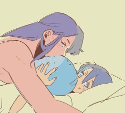 2girls blue_eyes blue_hair blush camisole commentary_request ear_blush green_background gundam gundam_suisei_no_majo korean_commentary long_hair looking_at_another looking_at_viewer lying multiple_girls nika_nanaura on_back on_bed pa_ttt purple_hair sabina_fardin short_hair simple_background sweatdrop upper_body yellow_eyes yuri