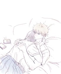 Rule 34 | 1boy, 1girl, belt, blonde hair, blue skirt, cellphone, clenched hand, dabln hl, hetero, highres, hug, indoors, iwakura mitsumi, lying, on back, phone, shima sousuke, shirt, sketch, skip to loafer, skirt, smartphone, white background, white shirt
