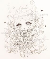 1girl :d absurdres ahoge blush chibi chibi_only dated dress full_body greyscale hand_up hat highres long_hair long_sleeves looking_at_viewer monochrome open_mouth original shoes simple_background sleeves_past_fingers sleeves_past_wrists smile solo sparkle standing thighhighs xingchunxiang