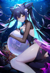 1girl absurdres ass ass_cutout black_hair blue_dress breasts butt_crack cleavage clothing_cutout commentary coral dress goddess_of_victory:_nikke green_hair hair_intakes highres holding_bubble little_mermaid_(abyss_flower)_(nikke) little_mermaid_(nikke) long_hair looking_at_viewer medium_breasts multicolored_hair official_alternate_costume smile solo sun_0205 two-tone_hair underwater very_long_hair yellow_eyes
