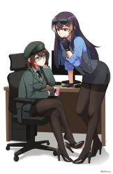 2girls absurdres alina_svard_kovalenko_(laotianaviator) aviator_sunglasses beret bespectacled black_gloves black_necktie black_pantyhose blue_eyes blue_shirt chair colored_shoe_soles commentary commission computer_keyboard computer_mouse cup english_commentary eyewear_on_head glasses gloves hat heterochromia high_heels highres holding holding_cup long_hair military_uniform monitor mug multicolored_hair multiple_girls ndtwofives necktie office_chair office_lady orange_eyes original pantyhose pencil_skirt pinstripe_pattern pinstripe_vest purple_hair red_eyes seoyun_kovalenko_(laotianaviator) shiny_footwear shirt shoe_dangle short_hair skirt streaked_hair sunglasses swivel_chair thighband_pantyhose vest white_background