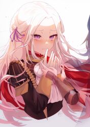 2girls aprahnicus arm_guards black_coat blush bow capelet cleavage_cutout closed_mouth clothing_cutout coat commentary couple crying crying_with_eyes_open edelgard_von_hresvelg english_commentary epaulettes eyelashes female_byleth_(fire_emblem) fire_emblem fire_emblem:_three_houses floating_hair forehead garreg_mach_monastery_uniform gloves gradient_background grey_background hair_bow hair_ribbon hands_on_another&#039;s_hands hands_up highres long_hair long_sleeves looking_to_the_side multiple_girls nintendo parted_bangs purple_bow purple_eyes purple_ribbon red_capelet ribbon shade signature simple_background solo tearing_up tears very_long_hair white_gloves white_hair yuri