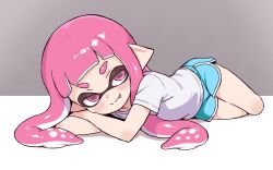 Rule 34 | 1girl, blue shorts, blush, closed mouth, commentary request, dolphin shorts, fang, fang out, full body, head rest, inkling, inkling girl, inkling player character, long hair, looking at viewer, lying, nattocurryumeee, nintendo, on side, pink eyes, pink hair, pointy ears, shirt, short sleeves, shorts, smile, solo, splatoon (series), split mouth, t-shirt, tentacle hair, white shirt