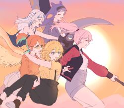 5girls absurdres alternate_costume blue_eyes blue_hair blush breasts carrying closed_eyes commentary english_commentary from_side gawr_gura gawr_gura_(casual) glasses grin hair_between_eyes hair_ornament happy high_ponytail highres holding holding_scythe hololive hololive_english holomyth jacket large_breasts long_hair medium_hair melodyguru mori_calliope mori_calliope_(streetwear) multicolored_hair multiple_girls ninomae_ina&#039;nis open_mouth orange_hair pants ponytail princess_carry purple_hair scythe shark_hair_ornament shirt short_hair simple_background smile streaked_hair sun takanashi_kiara tentacle_hair virtual_youtuber watson_amelia watson_amelia_(street_casual)