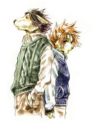 2boys animal_ears back-to-back blue_jacket blush brown_pants closed_eyes closed_mouth commentary_request dog_boy dog_ears furry furry_male gavadon_(artist) green_sweater highres jacket kyouji_takahara lion_boy lion_ears male_focus morenatsu multiple_boys pants shirt soutarou_touno sweater white_background white_shirt