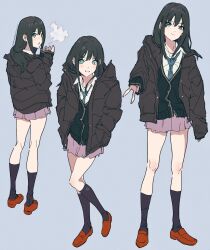 1girl black_cardigan black_hair black_jacket black_socks bloom_into_me15 breath cardigan closed_mouth full_body green_eyes grey_background grin gyaru_v hands_in_pockets highres idolmaster idolmaster_cinderella_girls jacket long_hair long_sleeves looking_at_viewer multiple_views open_clothes open_jacket pink_skirt red_shoes shibuya_rin shoes simple_background skirt sleeves_past_wrists smile socks standing v