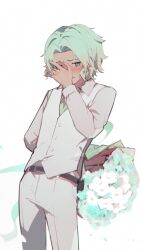 1boy arm_behind_back averting_eyes belt blue_necktie blush bouquet collared_shirt cove_holden covering_face curtained_hair flower formal_clothes green_eyes green_hair holding holding_bouquet leaning_to_the_side male_focus necktie nervous our_life:_beginnings_and_always panties poppy_(flower) ryuuieu shirt short_hair solo suit tuxedo underwear upper_body vest white_background white_panties white_shirt white_suit white_vest