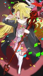 1girl 218_(niiya) absurdres black_jacket blonde_hair blush bow bowtie closed_mouth collared_shirt confetti corset don_quixote_(project_moon) e.g.o_(project_moon) from_above hair_intakes hair_ornament heart heart_hair_ornament highres holding holding_wand holding_weapon in_the_name_of_love_and_hate_(e.g.o) jacket la_manchaland_(identity)_(project_moon) limbus_company long_hair looking_at_viewer pink_bow pink_bowtie pink_corset pink_garter_straps pink_shoes pink_skirt pink_vest pleated_skirt project_moon red_eyes sancho_(project_moon) shadow shirt shoes skirt solo thighhighs v very_long_hair vest wand weapon white_shirt white_thighhighs winged_wand