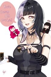 3girls arm_strap baobhan_sith_(fate) belt black_arm_warmers black_belt black_choker black_dress black_hair black_nails black_serafuku blood blood_halo blood_on_clothes blue_archive breasts carrot-machine chibi choker cleavage commentary detached_sleeves dress english_commentary english_text fate/grand_order fate_(series) food fork grey_hair halo highres holding holding_fork holding_plate large_breasts liquid_halo long_hair low_wings multicolored_hair multiple_girls open_mouth pink_hair plate pointy_ears school_uniform serafuku shiori_novella shiori_novella_(1st_costume) speech_bubble split-color_hair striped_arm_warmers teeth tsurugi_(blue_archive) two-tone_hair very_long_hair virtual_youtuber wings