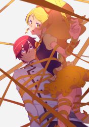 1boy 1girl bare_legs bdsm blonde_hair blush bondage bound bound_arms breasts buttons close-up clover couple cure_honey dress earrings four-leaf_clover frilled_dress frilled_skirt frills gloves hair_ornament hair_ribbon hands_up happinesscharge_precure! highres jewelry long_hair long_sleeves mature_female mature_male oomori_yuuko parted_bangs phantom_(happinesscharge_precure!) ponytail precure red_hair ribbon short_hair sideboob skirt sweat sweatdrop wasa7subi