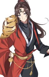 Rule 34 | 1boy, 8tkkcsghb1zmqez, absurdres, alternate costume, animal print, asymmetrical clothes, black hanfu, black shirt, blue eyes, brown hair, chinese clothes, chinese zodiac, closed mouth, cowboy shot, facial mark, fur trim, hand on own hip, hanfu, head tilt, high ponytail, highres, long hair, long sleeves, looking at viewer, male focus, modao zushi, parted bangs, ponytail, red hanfu, red ribbon, ribbon, sash, shirt, simple background, smile, solo, tiger print, wei wuxian, whisker markings, white background, wide sleeves, year of the tiger