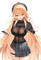 1girl absurdres ahoge belt bikini bikini_top_only black_bikini black_hat black_shrug black_skirt blonde_hair bodysuit breasts brown_bodysuit cleavage covered_navel cowboy_shot hand_up hat highres holding holding_phone kwon_latte large_breasts long_hair looking_at_viewer love_delivery mashilemo open_mouth orange_eyes phone see-through_cleavage see-through_clothes short_sleeves shrug_(clothing) skindentation skirt skort smile solo swimsuit thigh_belt thigh_strap v very_long_hair